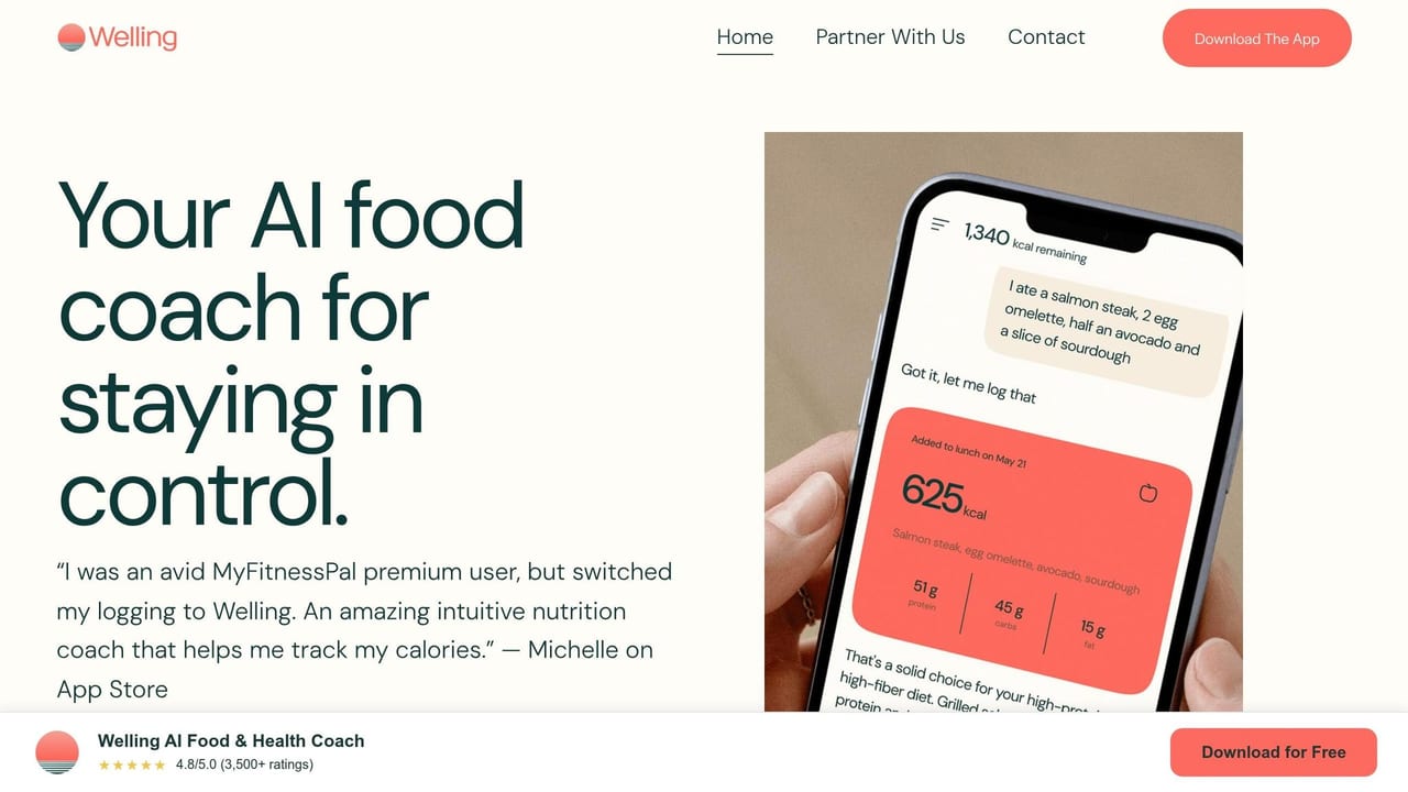 The Welling AI food coach homepage, showing chat-based meal logging that returns 625 kcal with protein, carb, and fat totals